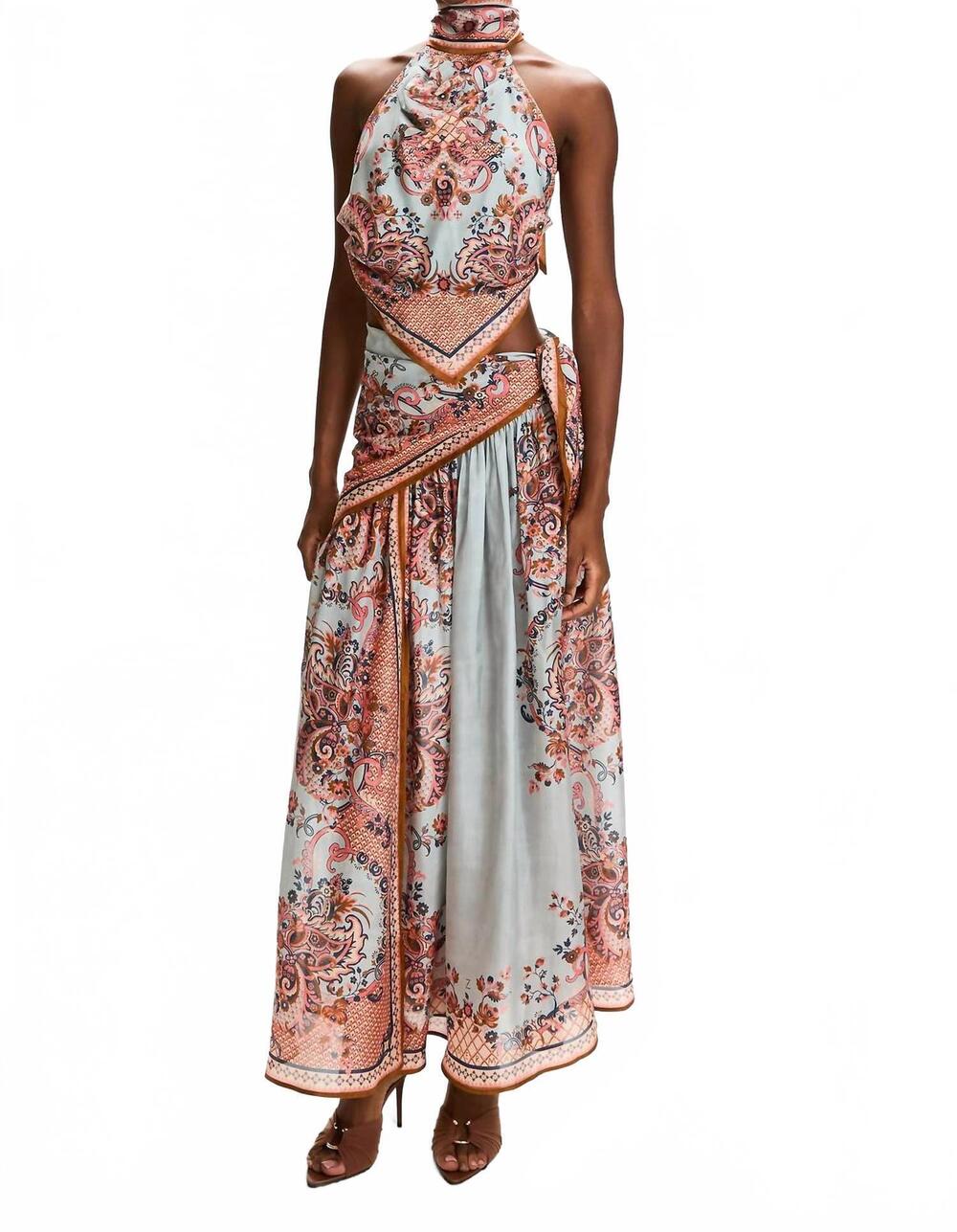 NEW ZIMMERMANN aster scarf midi skirt in blue paisley floral